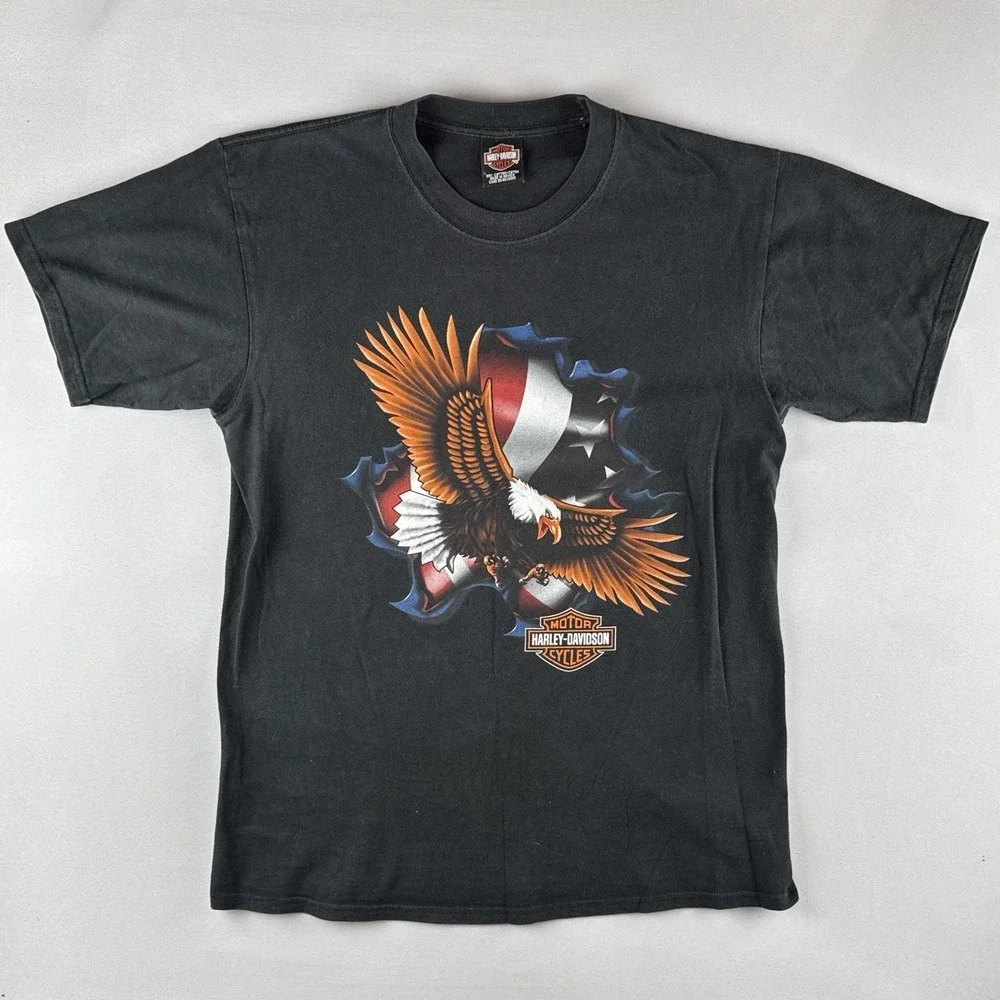 Vintage 2004 Harley Davidson Eagle Flag T-Shirt Al Muth Black River Falls L
